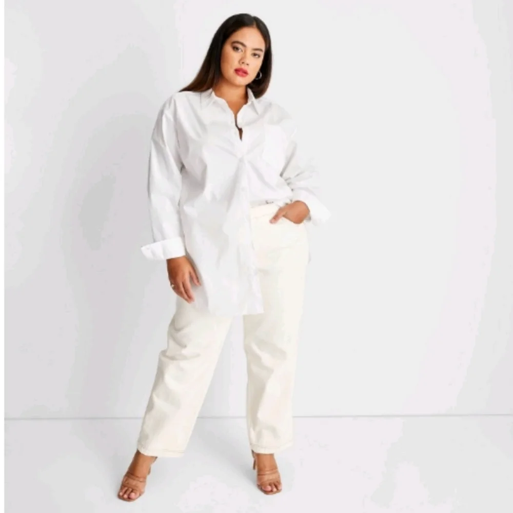 Women’s White Button-Down Shirt - Classic Oversized Button Front - Picture 3 of 16